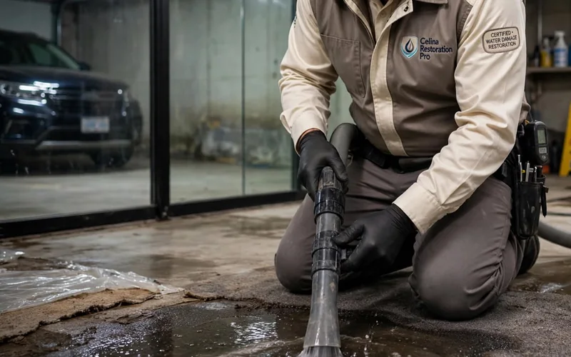 Technician cleaning a wet garage floor after a leak