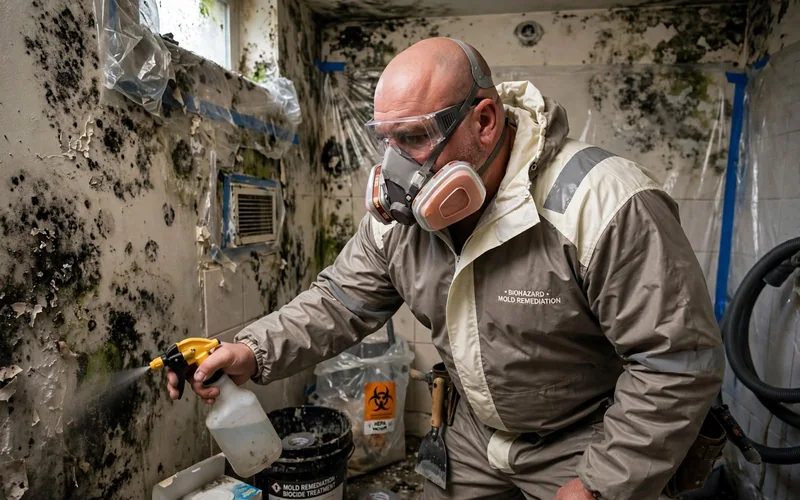 Mold remediation technician inside a containment area in Celina TX