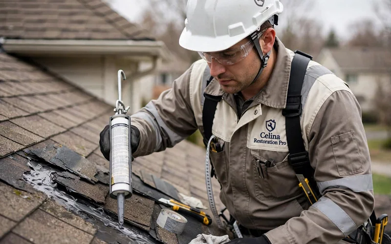 Technician sealing damaged shingles after a roof leak